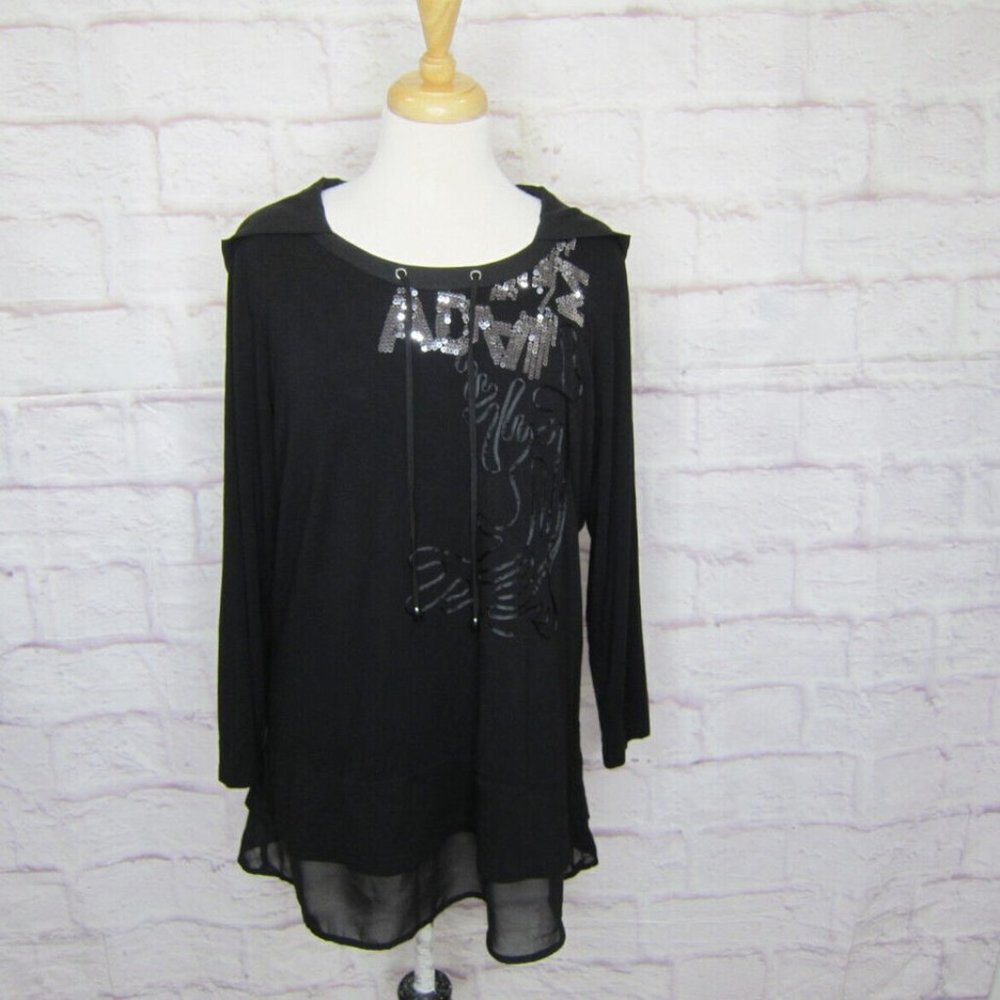 Adam Jacobs Women's Size Large Black Jersey Knit & Chiffon Hooded Tunic Sequins